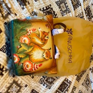 Anuschka “Curious Foxes” Hand Painted Leather Shoulders Tote